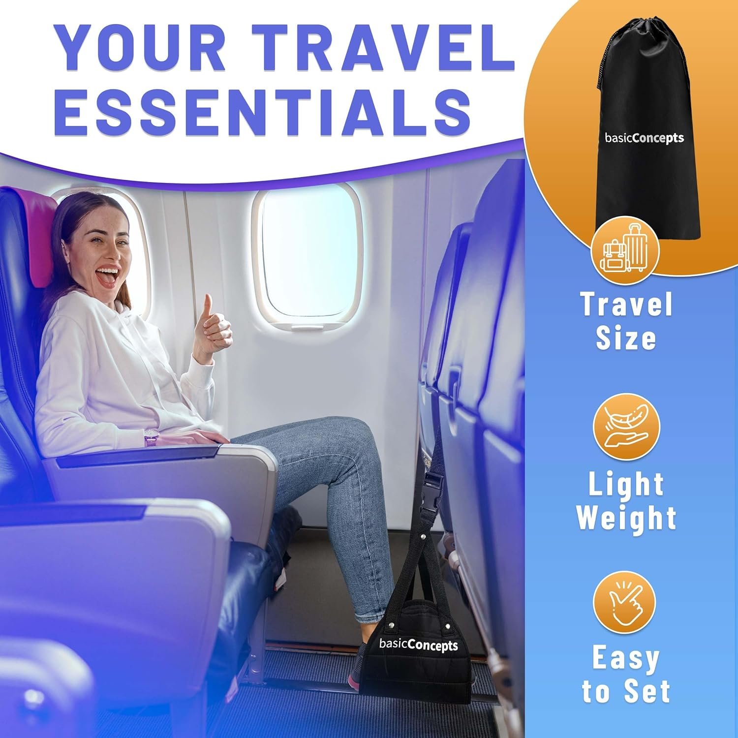 Footrest (Memory Foam), Black, Adjustable Foot Hammock for Airplane Travel Accessories, Desk Foot Hammock, Travel Foot Rest, Comfy Foot Hanger Airplane - Image 6