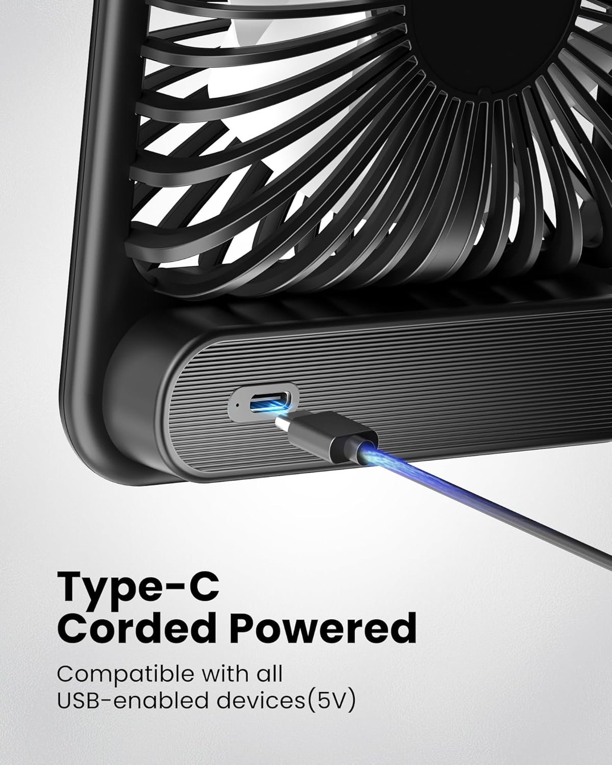 Koonie USB Desk Fan, Strong Wind Ultra Quiet Small Personal Fan with 180° Tilt Folding and 3 Speeds Adjustable, USB-C Corded Powered Mini USB Fan for Office Desktop Bedroom - Image 4