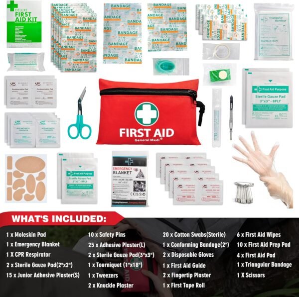 General Medi Mini First Aid Kit, 110 Piece Small First Aid Kit - Includes Emergency Foil Blanket, Scissors for Travel, Home, Office, Vehicle, Camping, Workplace & Outdoor (Red) - Image 2