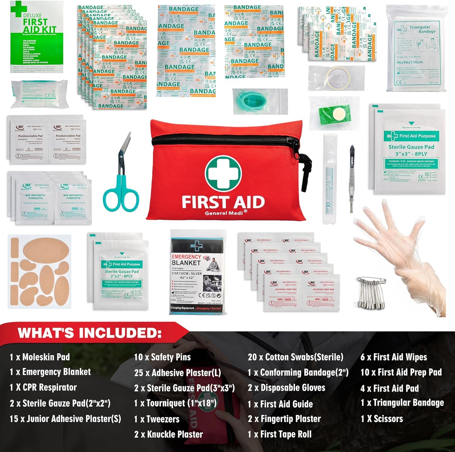 General Medi Mini First Aid Kit, 110 Piece Small First Aid Kit - Includes Emergency Foil Blanket, Scissors for Travel, Home, Office, Vehicle, Camping, Workplace & Outdoor (Red) - Image 2